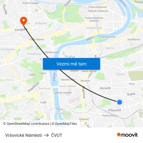 Vršovické Náměstí to ČVUT map