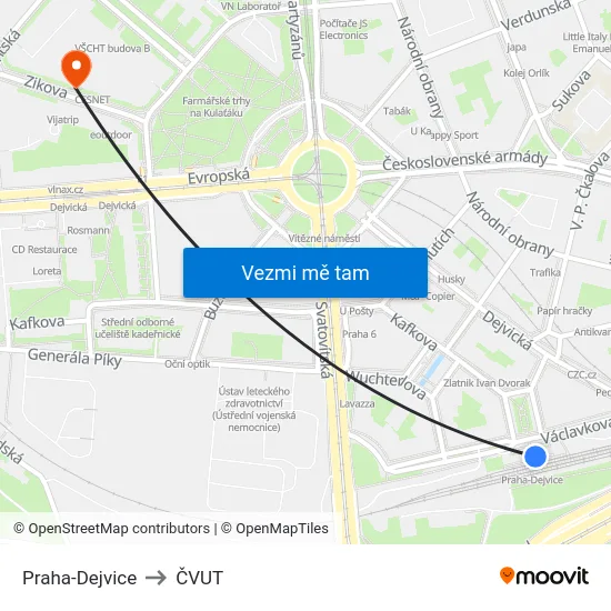 Praha-Dejvice to ČVUT map