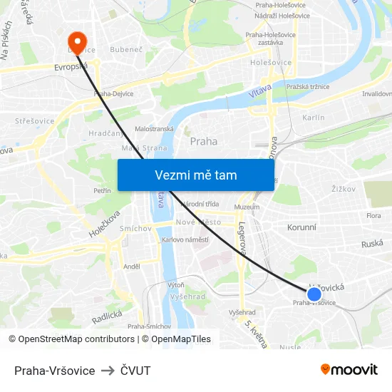 Praha-Vršovice to ČVUT map
