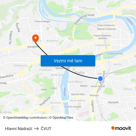 Hlavní Nádraží to ČVUT map