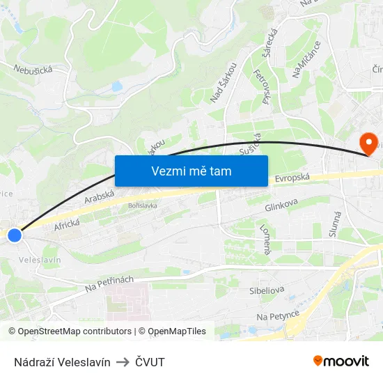 Nádraží Veleslavín to ČVUT map
