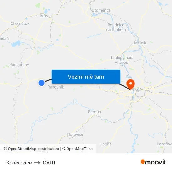 Kolešovice to ČVUT map