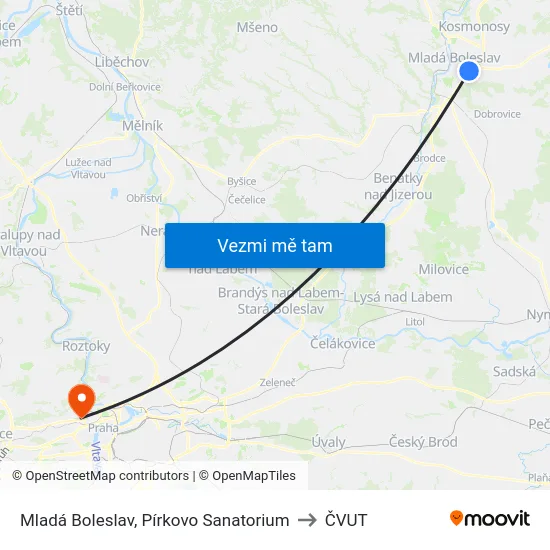 Mladá Boleslav, Pírkovo Sanatorium to ČVUT map
