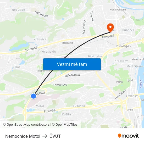 Nemocnice Motol to ČVUT map