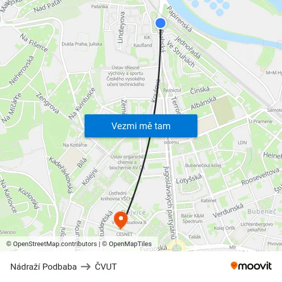 Nádraží Podbaba to ČVUT map
