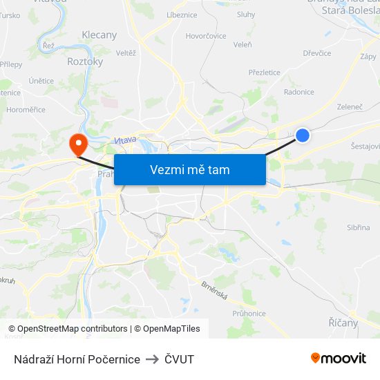 Nádraží Horní Počernice to ČVUT map