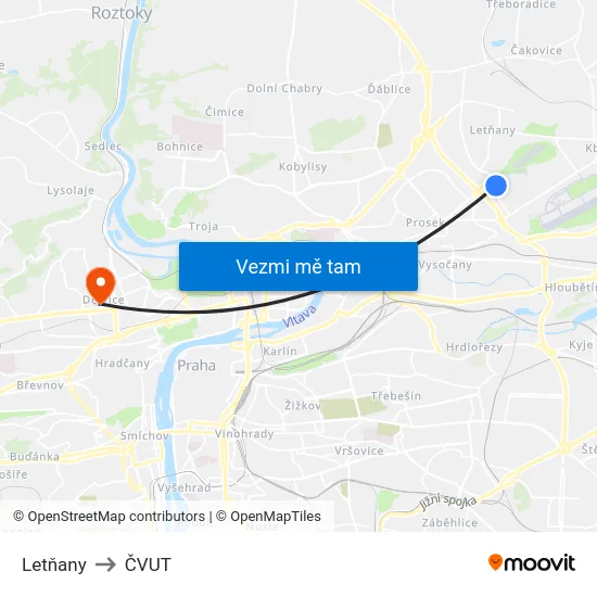 Letňany to ČVUT map