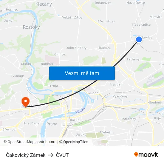 Čakovický Zámek to ČVUT map