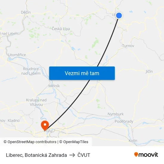 Liberec, Botanická Zahrada to ČVUT map