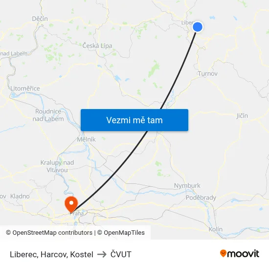 Liberec, Harcov, Kostel to ČVUT map