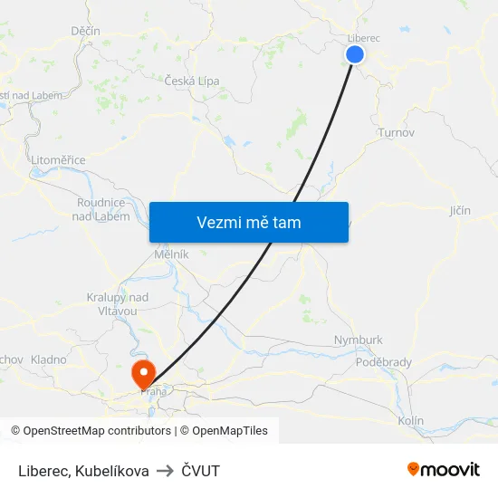Liberec, Kubelíkova to ČVUT map
