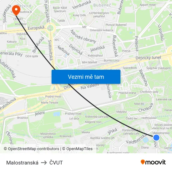 Malostranská to ČVUT map