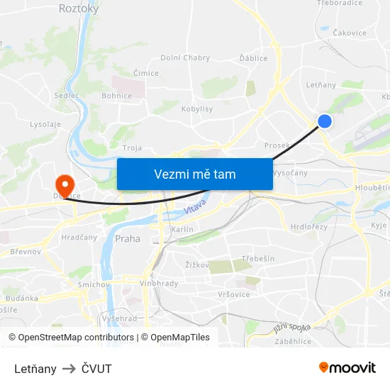 Letňany to ČVUT map