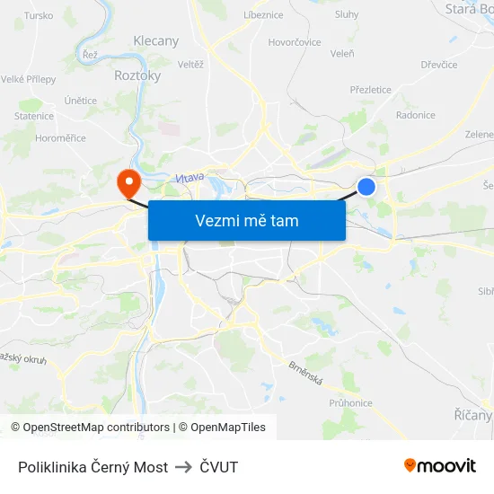 Poliklinika Černý Most to ČVUT map