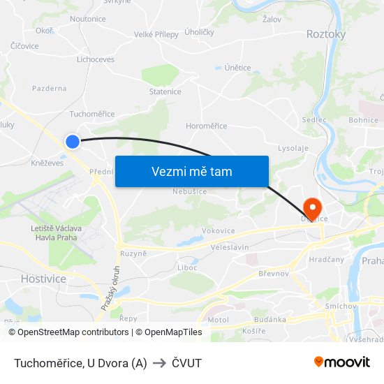 Tuchoměřice, U Dvora (A) to ČVUT map