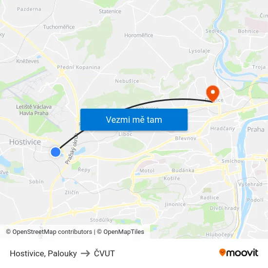 Hostivice, Palouky to ČVUT map