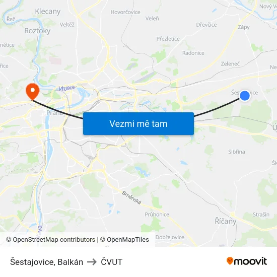Šestajovice, Balkán to ČVUT map