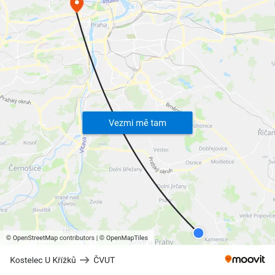 Kostelec U Křížků to ČVUT map
