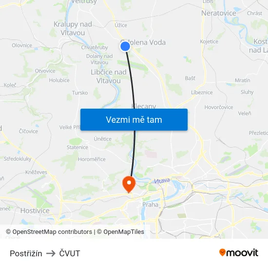 Postřižín to ČVUT map