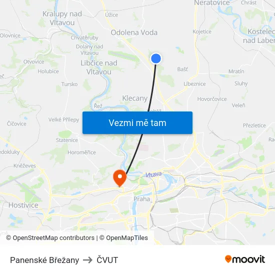 Panenské Břežany to ČVUT map