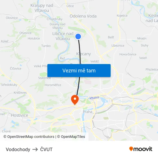 Vodochody to ČVUT map
