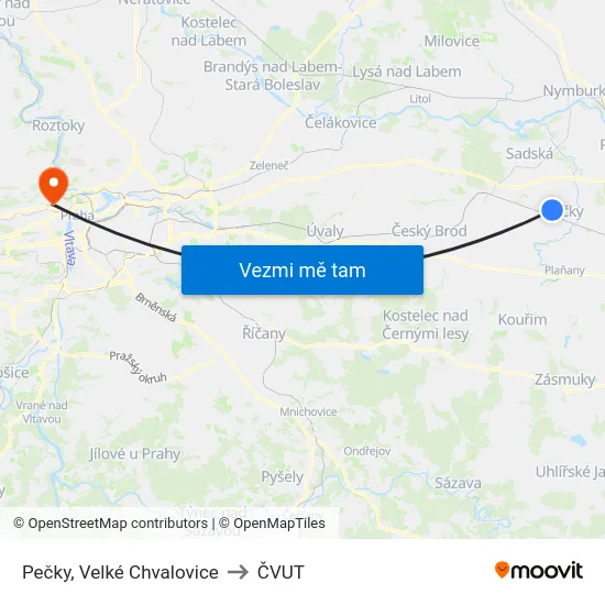Pečky, Velké Chvalovice to ČVUT map