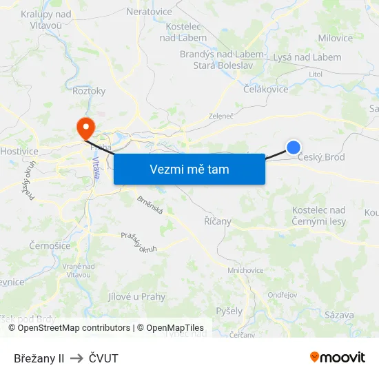 Břežany II to ČVUT map