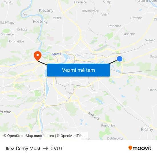 Ikea Černý Most to ČVUT map