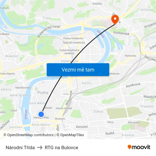Národní Třída to RTG na Bulovce map