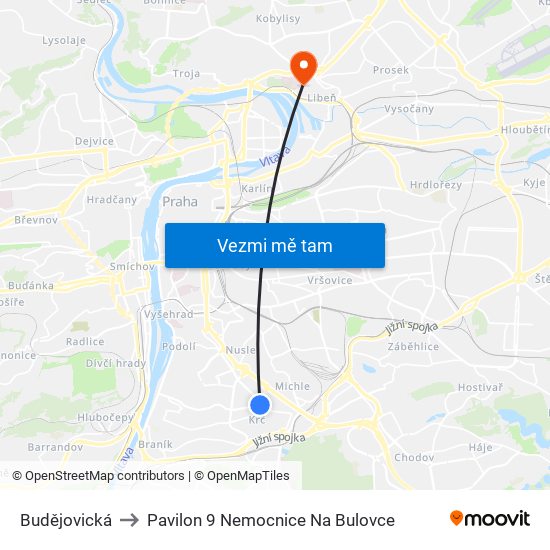 Budějovická to Pavilon 9 Nemocnice Na Bulovce map