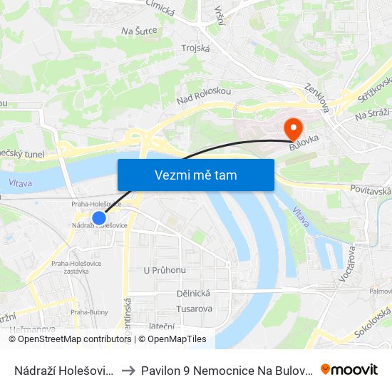 Nádraží Holešovice to Pavilon 9 Nemocnice Na Bulovce map