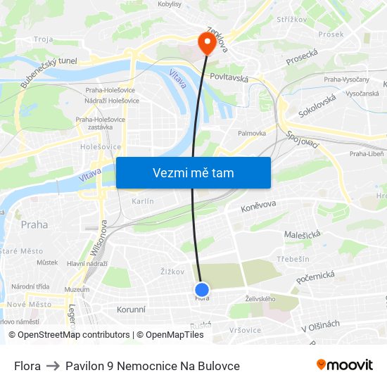 Flora to Pavilon 9 Nemocnice Na Bulovce map