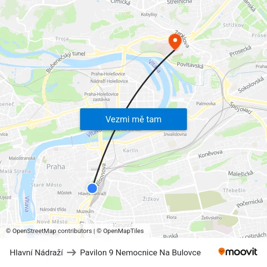 Hlavní Nádraží to Pavilon 9 Nemocnice Na Bulovce map