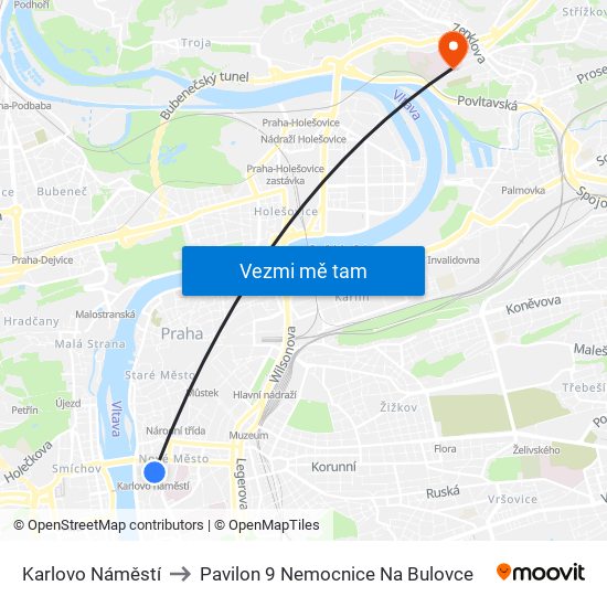 Karlovo Náměstí to Pavilon 9 Nemocnice Na Bulovce map