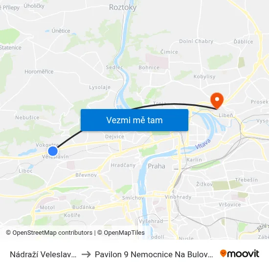 Nádraží Veleslavín to Pavilon 9 Nemocnice Na Bulovce map