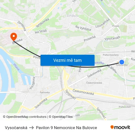 Vysočanská to Pavilon 9 Nemocnice Na Bulovce map
