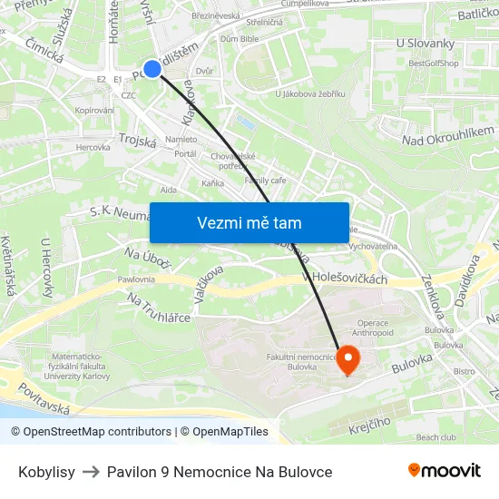 Kobylisy to Pavilon 9 Nemocnice Na Bulovce map