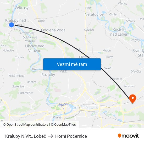 Kralupy N.Vlt., Lobeč to Horní Počernice map