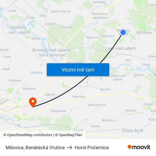Milovice, Benátecká Vrutice (B) to Horní Počernice map