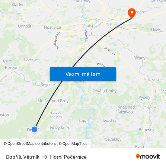 Dobříš, Větrník (A) to Horní Počernice map