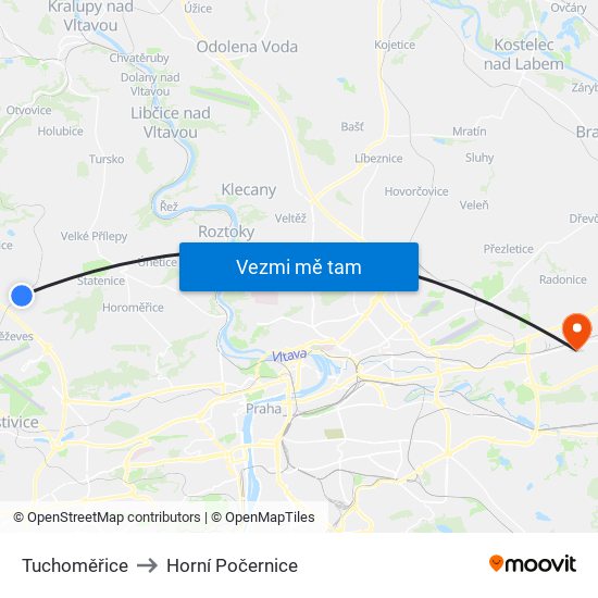 Tuchoměřice to Horní Počernice map