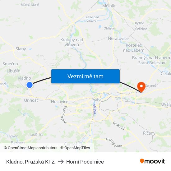 Kladno, Pražská Křiž. to Horní Počernice map