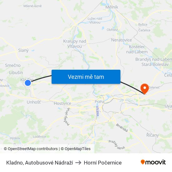 Kladno, Autobusové Nádraží to Horní Počernice map