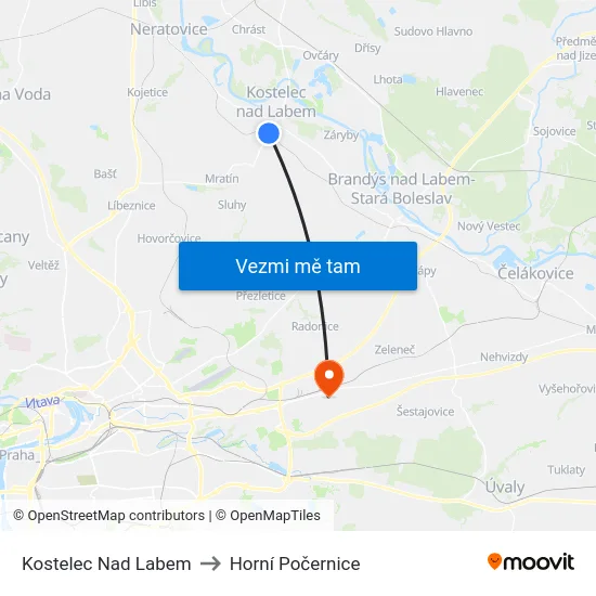 Kostelec Nad Labem to Horní Počernice map