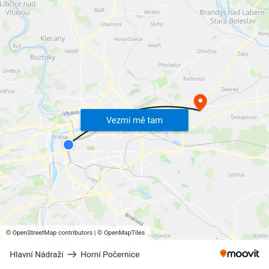Hlavní Nádraží to Horní Počernice map