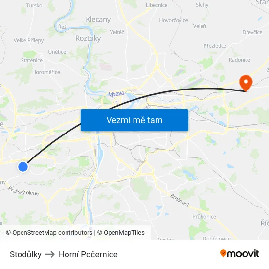 Stodůlky to Horní Počernice map