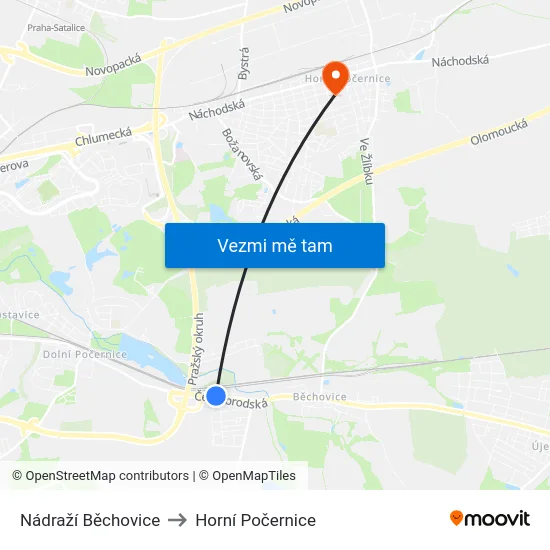 Nádraží Běchovice to Horní Počernice map