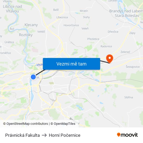 Právnická Fakulta to Horní Počernice map