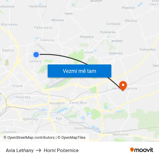 Avia Letňany to Horní Počernice map