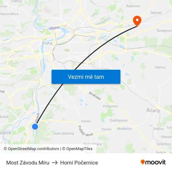 Most Závodu Míru to Horní Počernice map